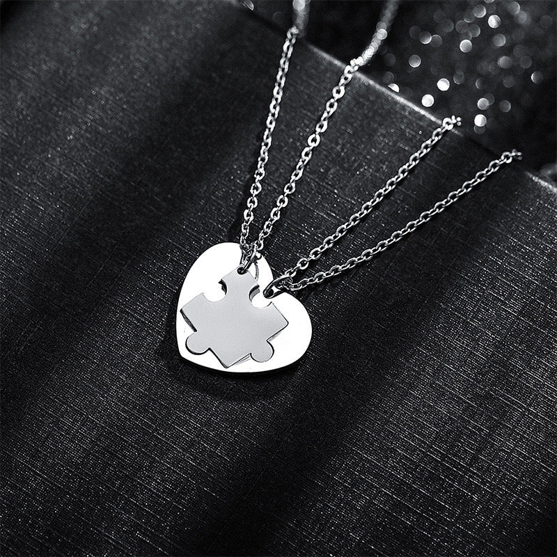 Set of 2 Chains Friendship Necklaces Couple Puzzle Heart Each Other BFF Best Friends Forever Pendant and Chain Silver Stainless Steel