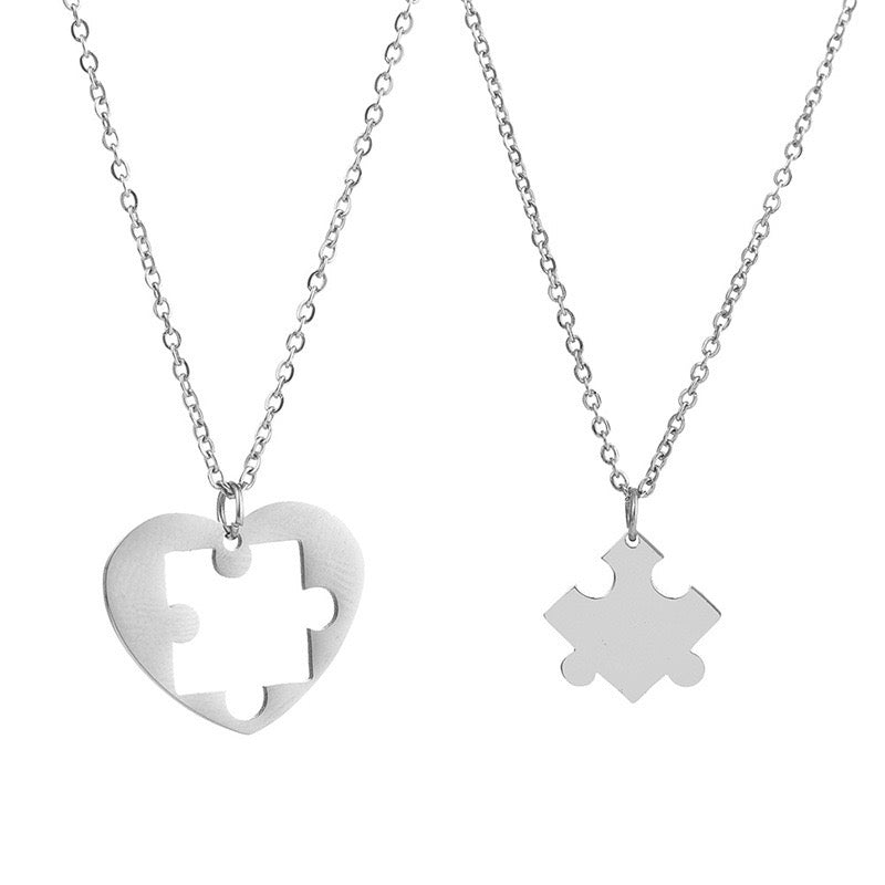 Set of 2 Chains Friendship Necklaces Couple Puzzle Heart Each Other BFF Best Friends Forever Pendant and Chain Silver Stainless Steel