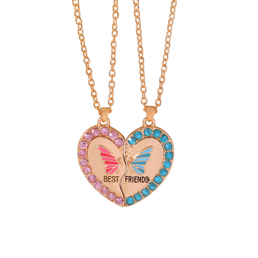 Set of 2 Chains Friendship Necklaces Heart Butterflies - BFF Best Friends Forever - Fantasy - Pendant and Chain Silver or Gold