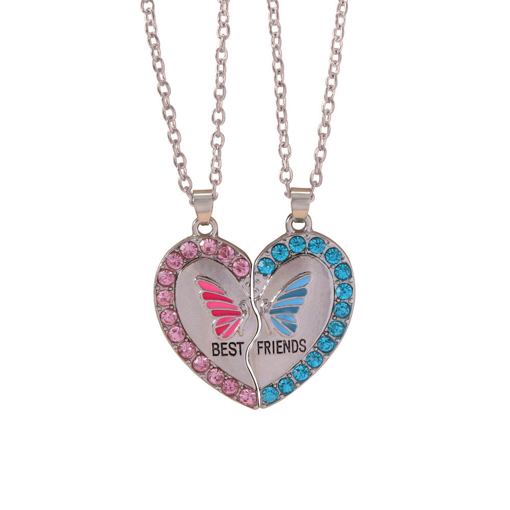 Set of 2 Chains Friendship Necklaces Heart Butterflies - BFF Best Friends Forever - Fantasy - Pendant and Chain Silver or Gold