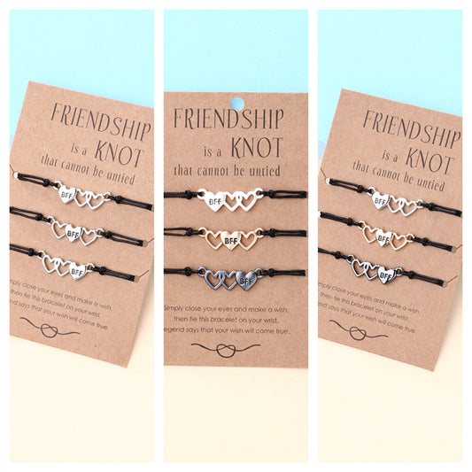 Lot de 3 Bracelets D'amitié Cordon Réglable avec Carte - 3 Petits Coeurs - BFF - Best Friends Forever - Fantaisie - Mignon