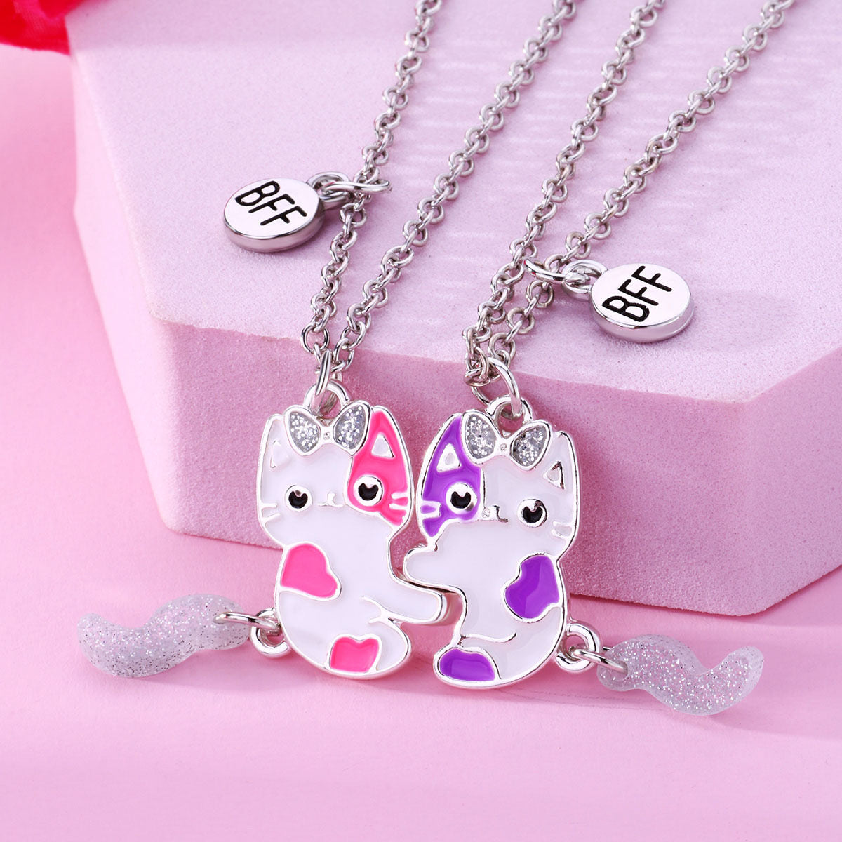 CHILDREN - Set of 2 Cat Friendship Necklace Chains - BFF Best Friends Forever - Fantasy - Magnetic Pendant