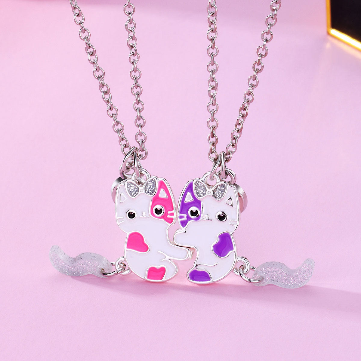 CHILDREN - Set of 2 Cat Friendship Necklace Chains - BFF Best Friends Forever - Fantasy - Magnetic Pendant