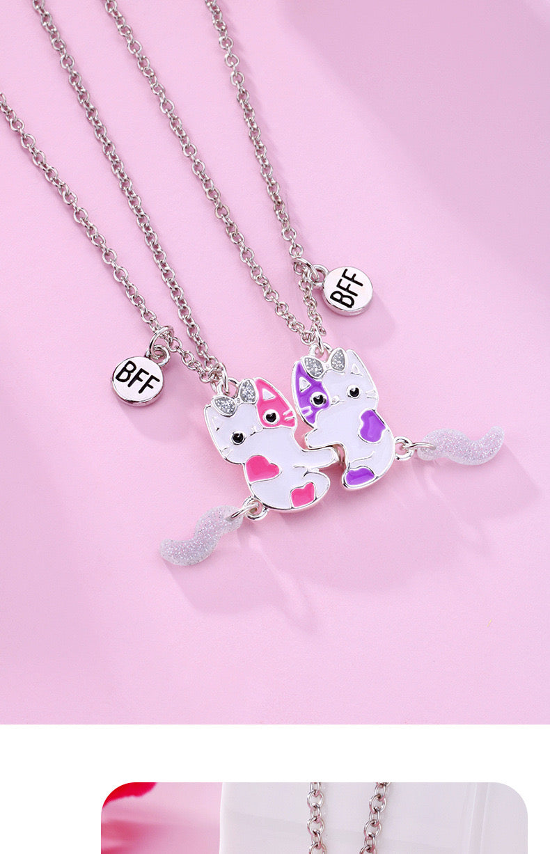 CHILDREN - Set of 2 Cat Friendship Necklace Chains - BFF Best Friends Forever - Fantasy - Magnetic Pendant