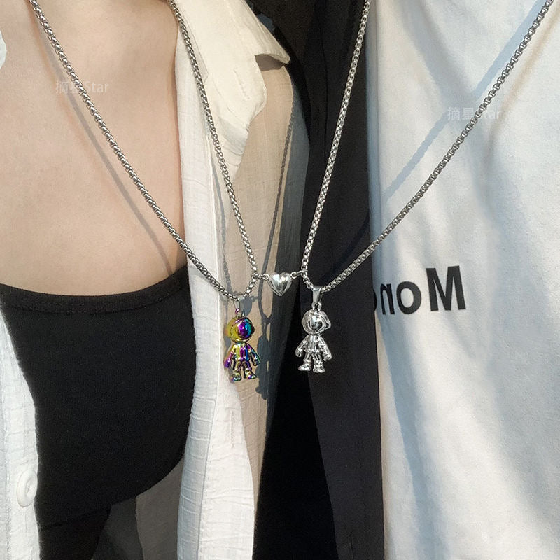 Lot de 2 Colliers D'amitié - Hip Hop Astronaute - BFF - Best Friends Forever - Pendentif Aimanté Coeur - Amoureux Couple Amitié