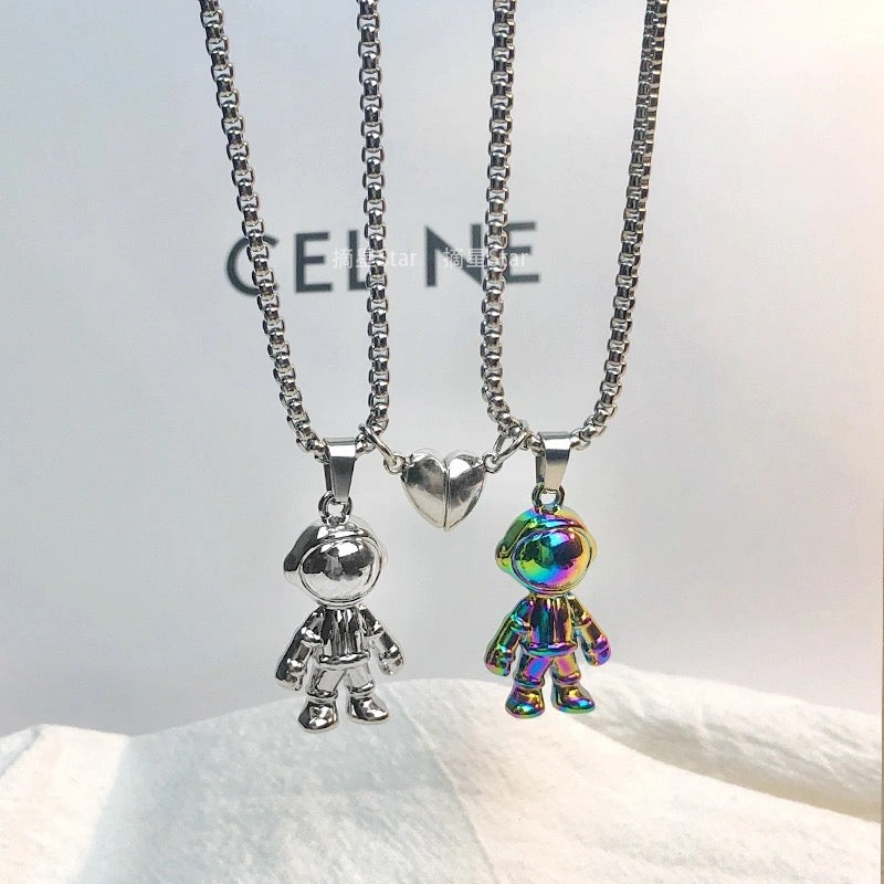 Lot de 2 Colliers D'amitié - Hip Hop Astronaute - BFF - Best Friends Forever - Pendentif Aimanté Coeur - Amoureux Couple Amitié