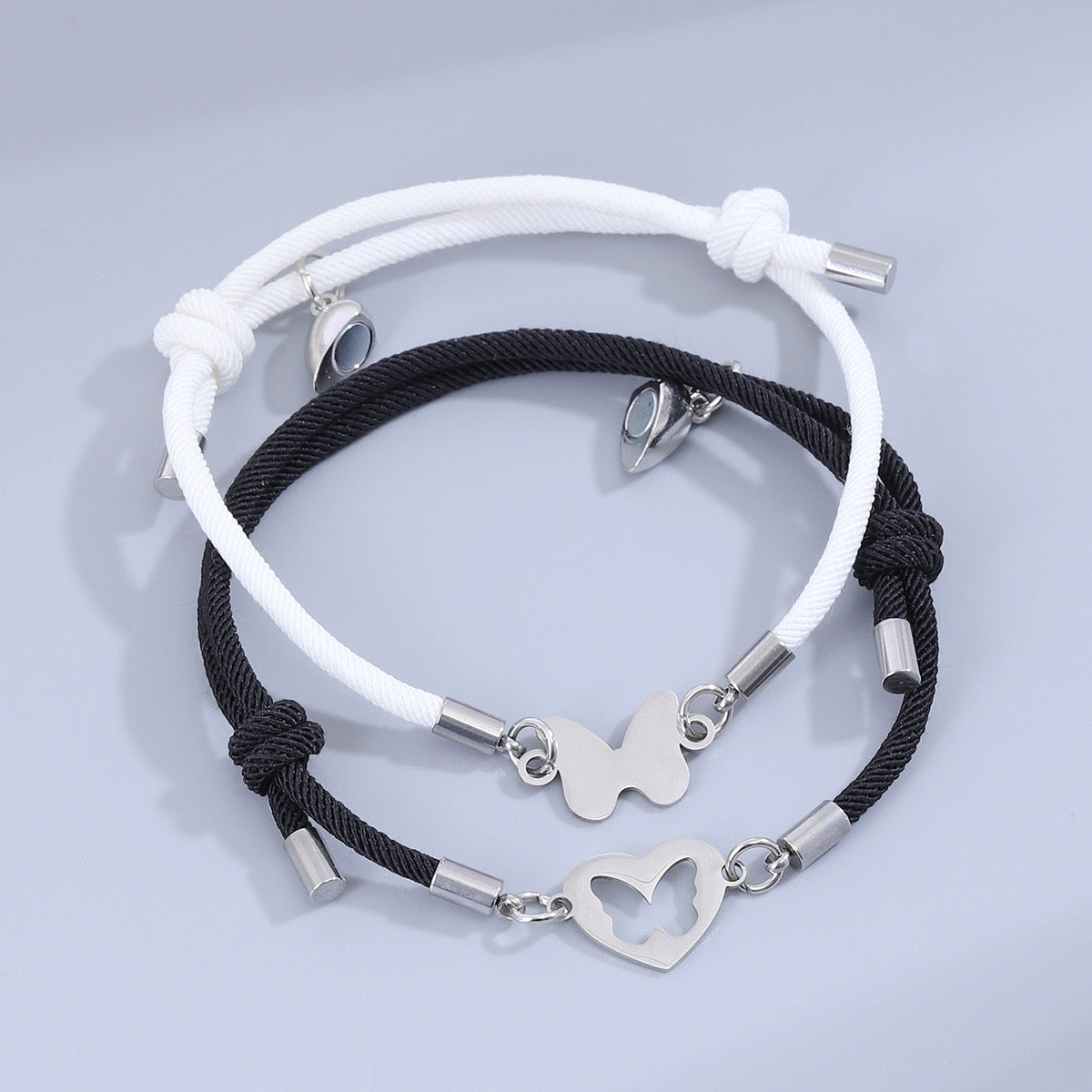 Set of 2 Adjustable Friendship Cord Bracelets Best Friends Butterflies - BFF - Fantasy - Magnetic Heart Pendant - Lovers - Couple