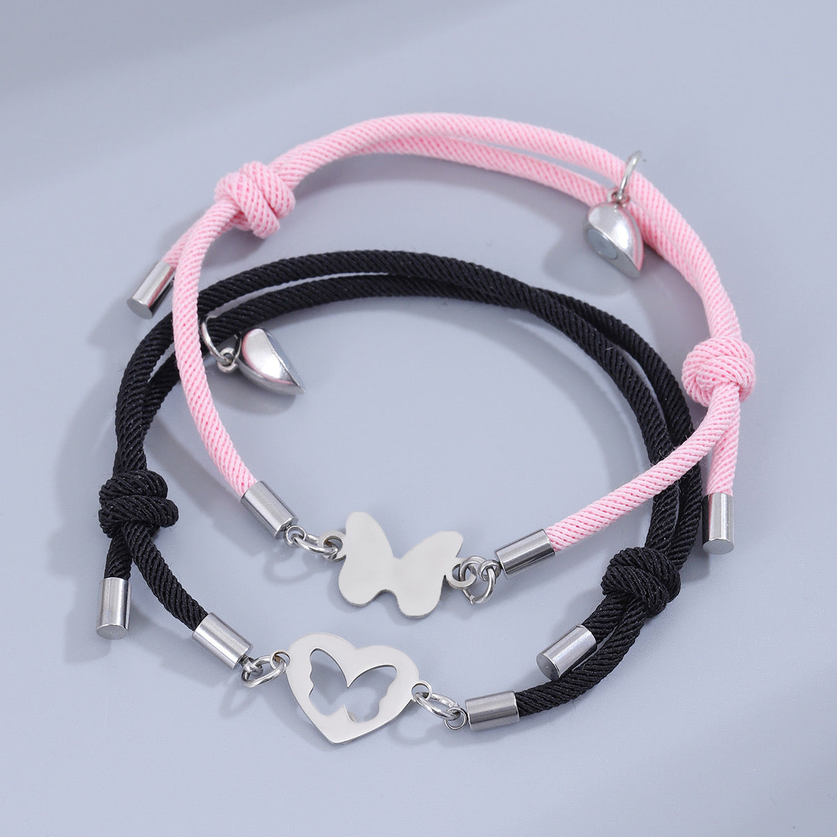 Set of 2 Adjustable Friendship Cord Bracelets Best Friends Butterflies - BFF - Fantasy - Magnetic Heart Pendant - Lovers - Couple