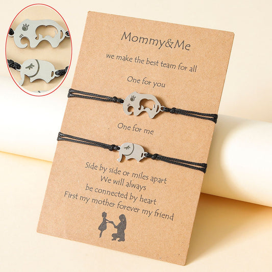 Set of 2 Mother Daughter Elephant Baby Bracelets - Family Parents Child Mom Daughter - Fantasy - Elephant Pendant - Stainless Steel