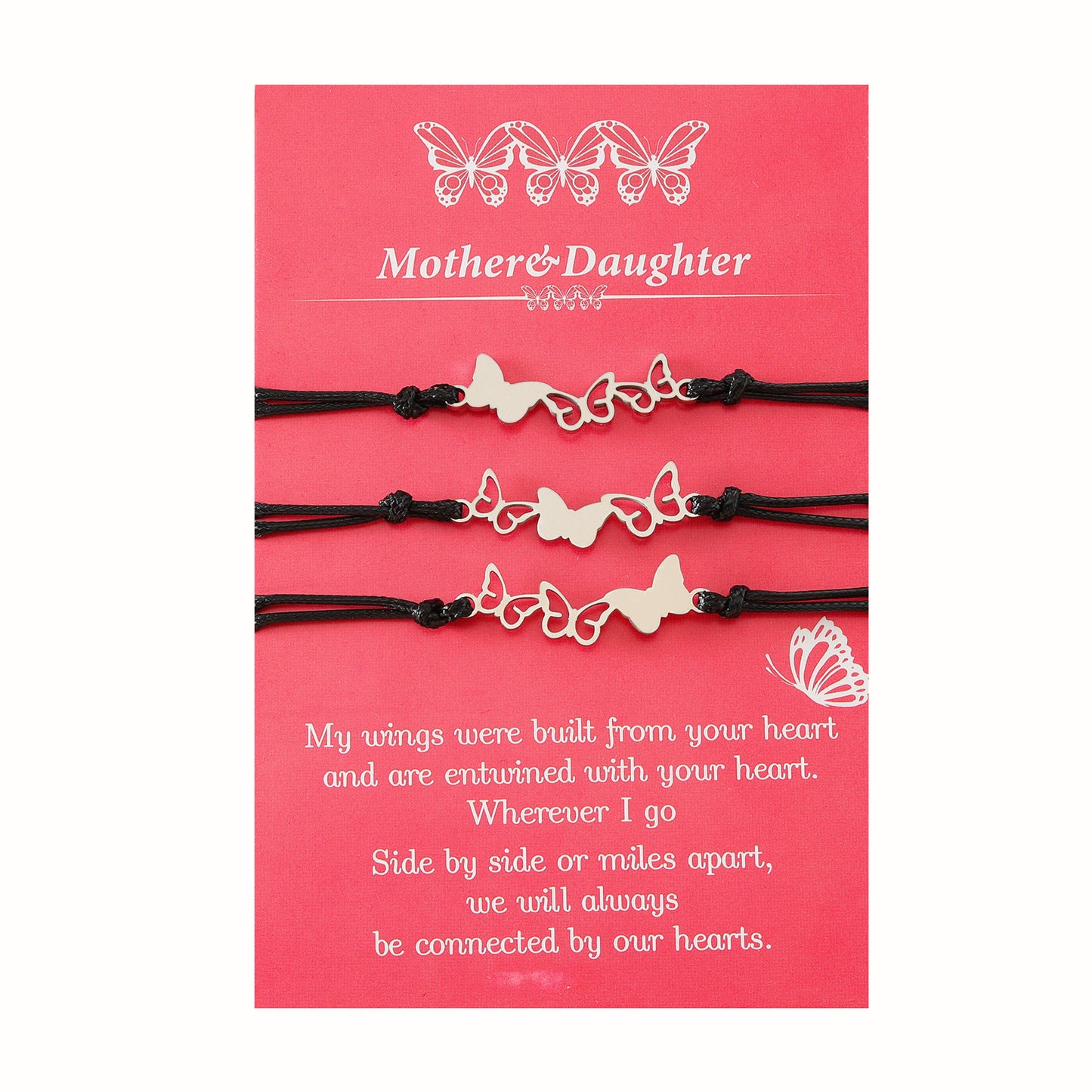 Lot de 3 Bracelet Cordon Réglable avec Carte - Mère Filles - Famille Parents Enfant Maman Soeur Filles - Pendentif Papillons