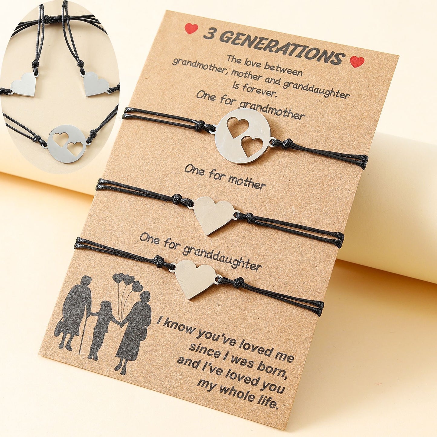 Lot de 3 Bracelets Cordon Réglable avec Carte - Grand-Mère Mère Fille - Famille - Parents Enfant Maman - Pendentif Coeur - Acier Inoxydable