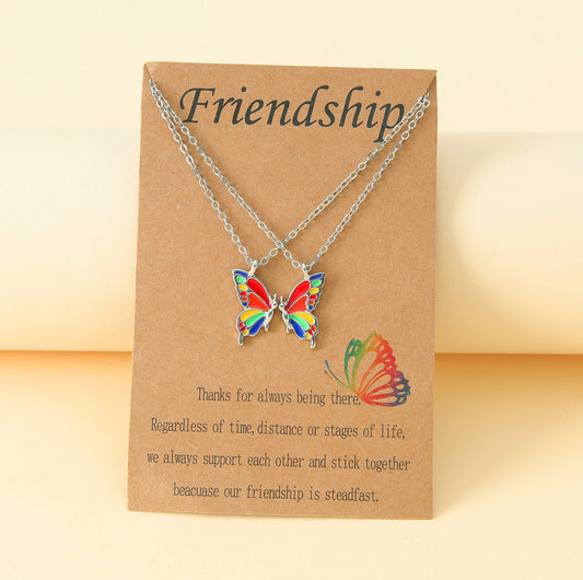 Lot de 2 Colliers D'amitié avec Carte - Papillon - BFF - Best Friends Forever - Amitié - Pendentif Doré ou Argenté