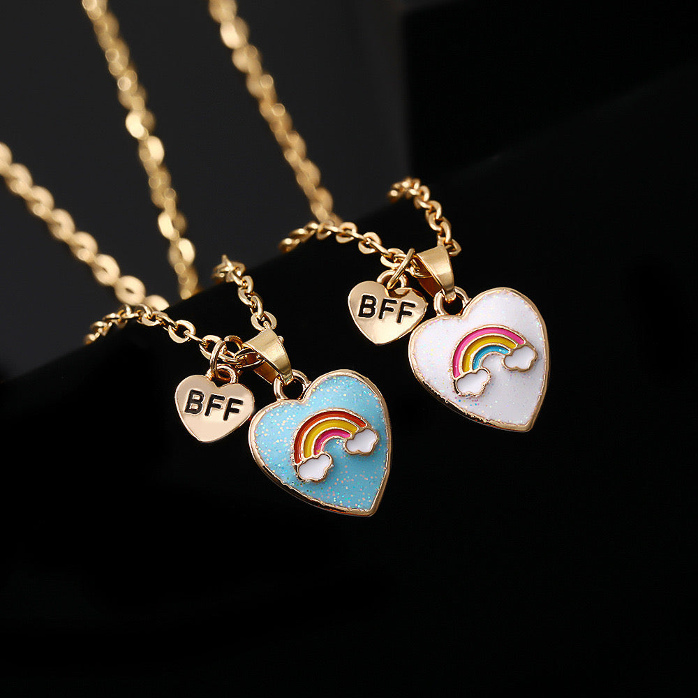 Set of 2 Chains Friendship Necklaces Heart Rainbow Clouds - BFF Best Friends Forever Lovers or Couple - Fantasy - Pendant