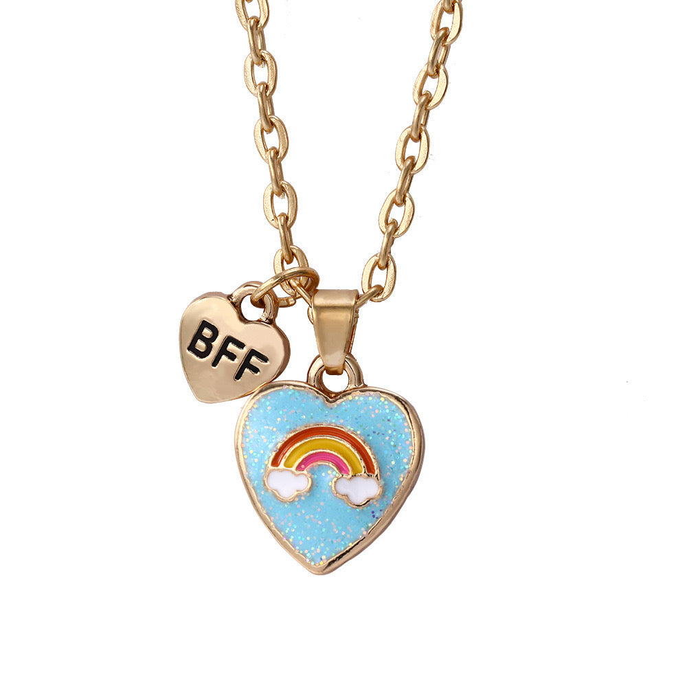 Set of 2 Chains Friendship Necklaces Heart Rainbow Clouds - BFF Best Friends Forever Lovers or Couple - Fantasy - Pendant