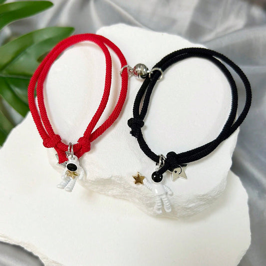 Set of 2 Adjustable Cord Bracelets Best Friends Astronaut Friendship - BFF Best Friends Fantasy - Magnetic Heart Pendant - Lovers Couple