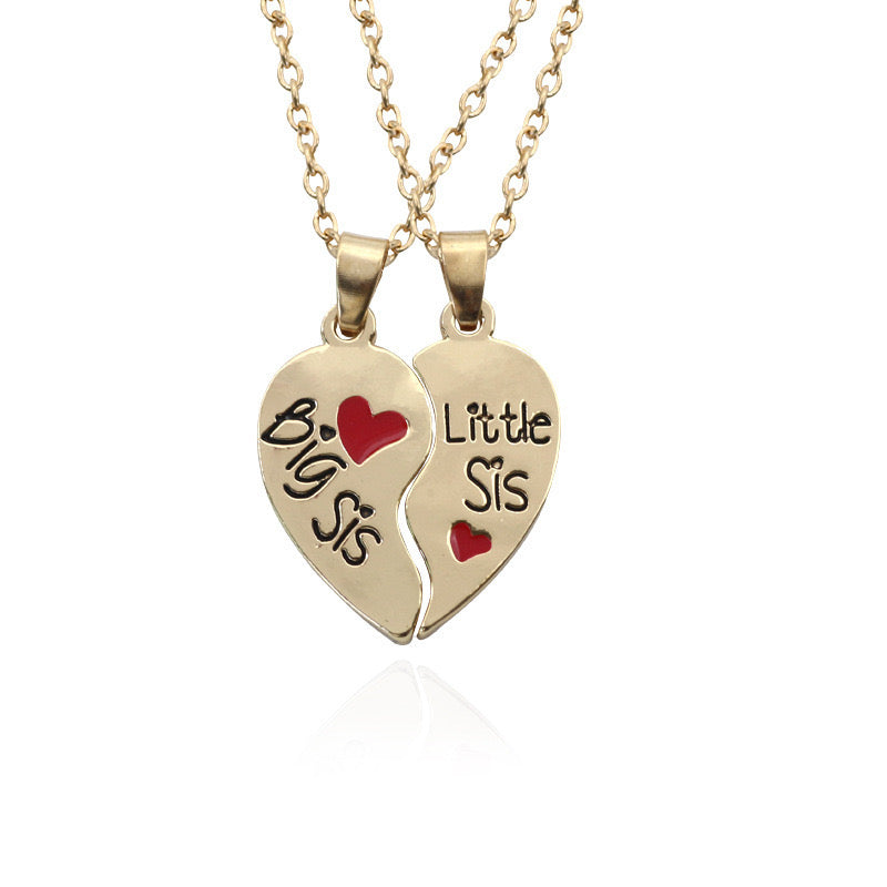 Set of 2 Sister Necklaces Chains - Little Sister Big Sister Family - Fantasy - Heart Pendant