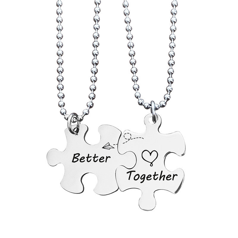 Set of 2 Chains Friendship Necklaces Couple Puzzle Better Together - BFF Best Friends Forever - Pendant and Chain Silver Stainless Steel