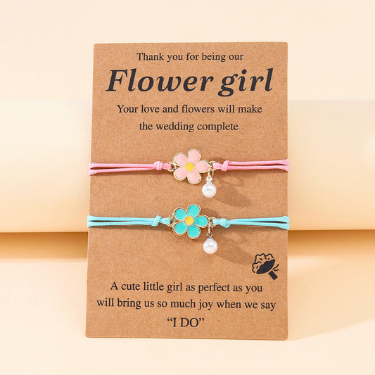 Set of 2 Adjustable Cord Friendship Bracelets Flowers and Pearl - BFF Best Friends Forever - Fantasy - Pearls