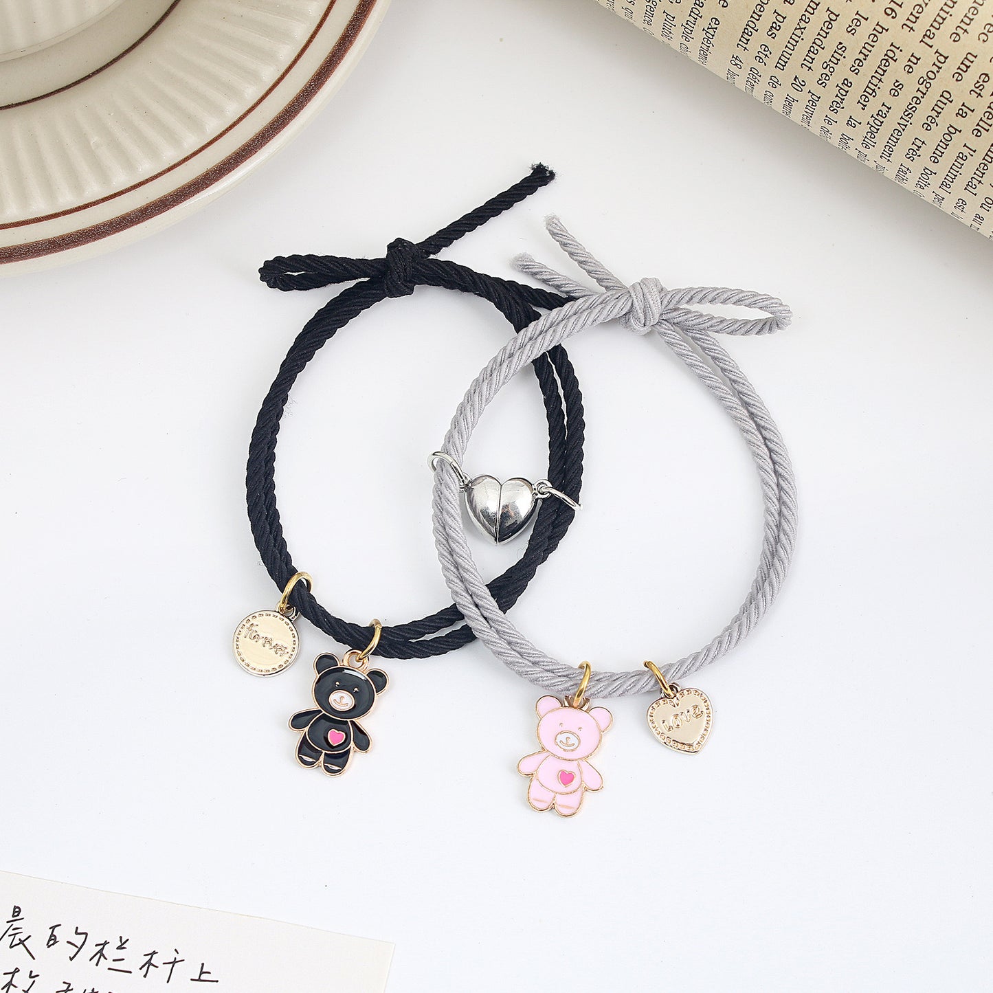 Lot de 2 Bracelets D'amitié Cordon Elastique - Petit Ourson - BFF - Best Friends Forever - Fantaisie - Pendentif Aimanté Coeur