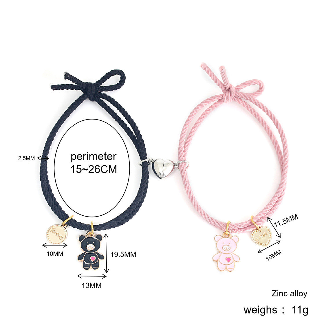 Lot de 2 Bracelets D'amitié Cordon Elastique - Petit Ourson - BFF - Best Friends Forever - Fantaisie - Pendentif Aimanté Coeur