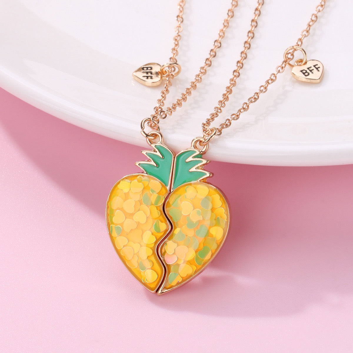 Lot de 2 Colliers D'amitié Aimanté - Coeur Fruit - BFF - Best Friends Forever - Fraise Ananas Pastèque - Mignon - Amitié