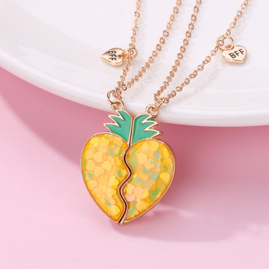 CHILDREN - Set of 2 Fruit Heart Friendship Necklace Chains - BFF Best Friends Forever - Fancy - Cute Magnetic Pendant