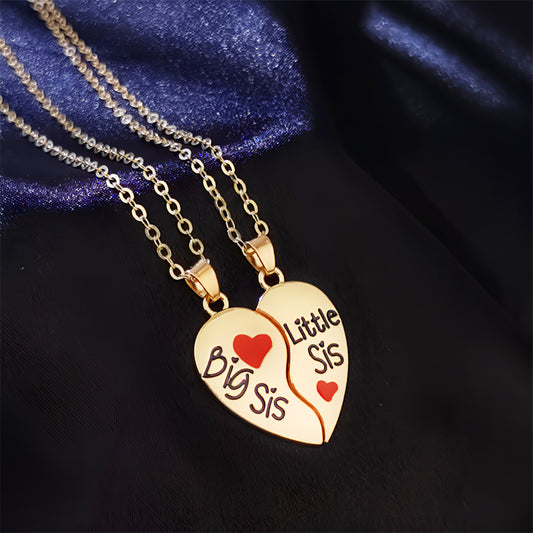 Set of 2 Sister Necklaces Chains - Little Sister Big Sister Family - Fantasy - Heart Pendant