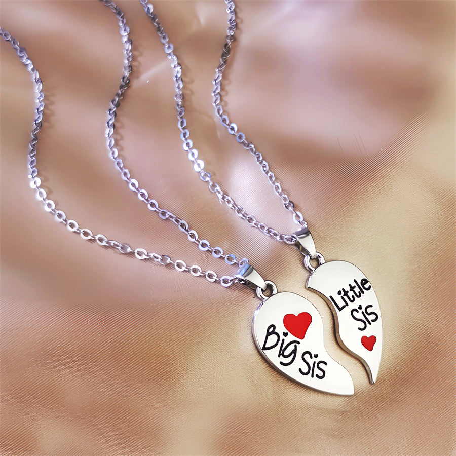 Set of 2 Sister Necklaces Chains - Little Sister Big Sister Family - Fantasy - Heart Pendant