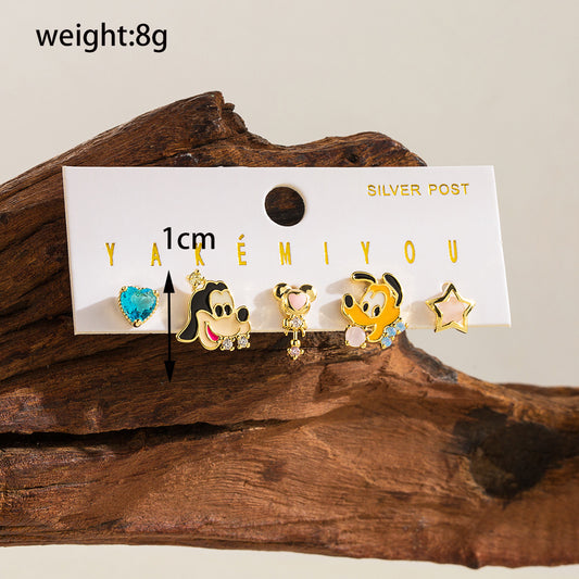 Set of 5 Earrings | Copper Zircon Gold Plated | Dog | Cute Fairy Tale Cartoon Accessory Jewelry