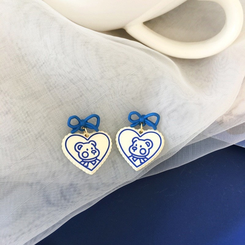 Boucles Oreilles Clip - Clip d'oreilles - Ourson Petit Noeux Bleu - Cuivre Plaqué Or