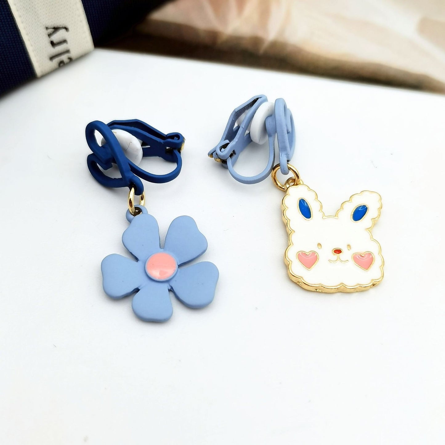 Boucles Oreilles Clip - Clip d'oreilles - Lapin Fleur Coeur Bleu - Cuivre Plaqué Or