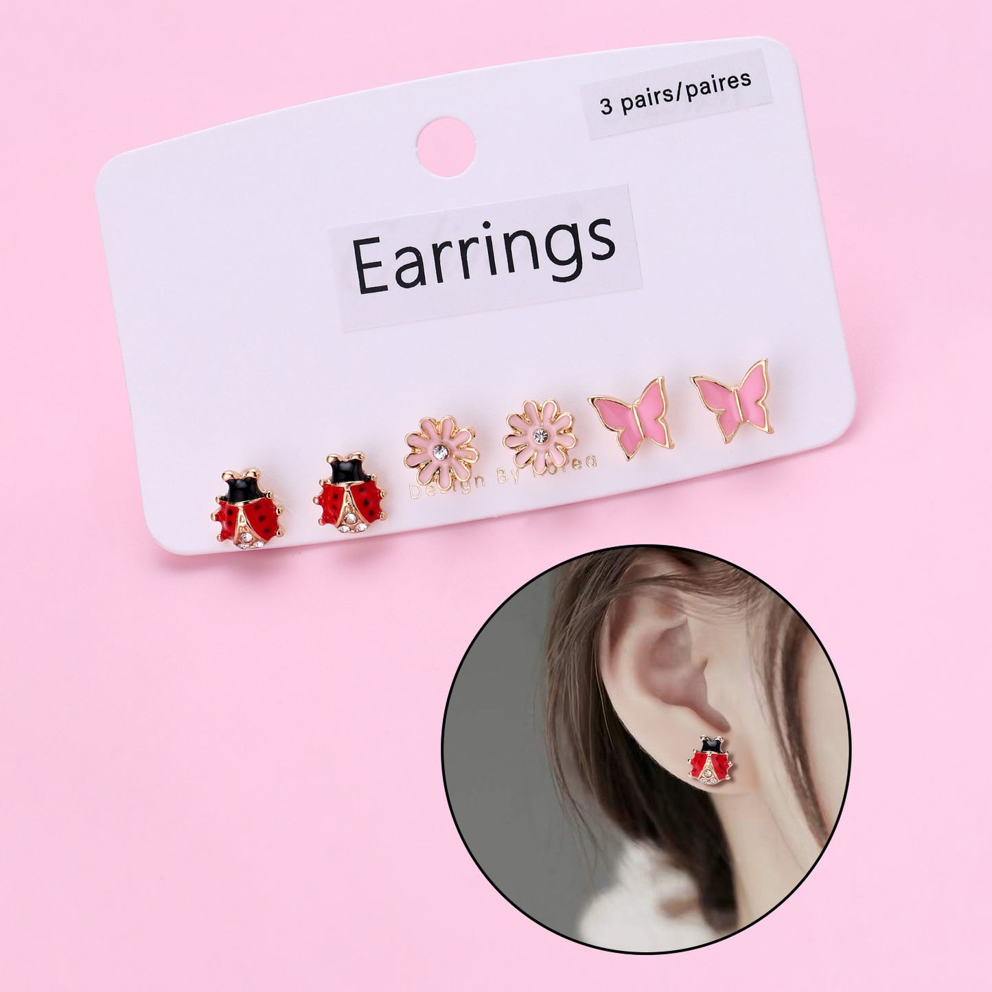 Ensemble de 3 Paires de Boucles Oreilles - Coccinelles Papillons Fleurs - Cuivre Zircon Plaqué Or - Printemps Mignon