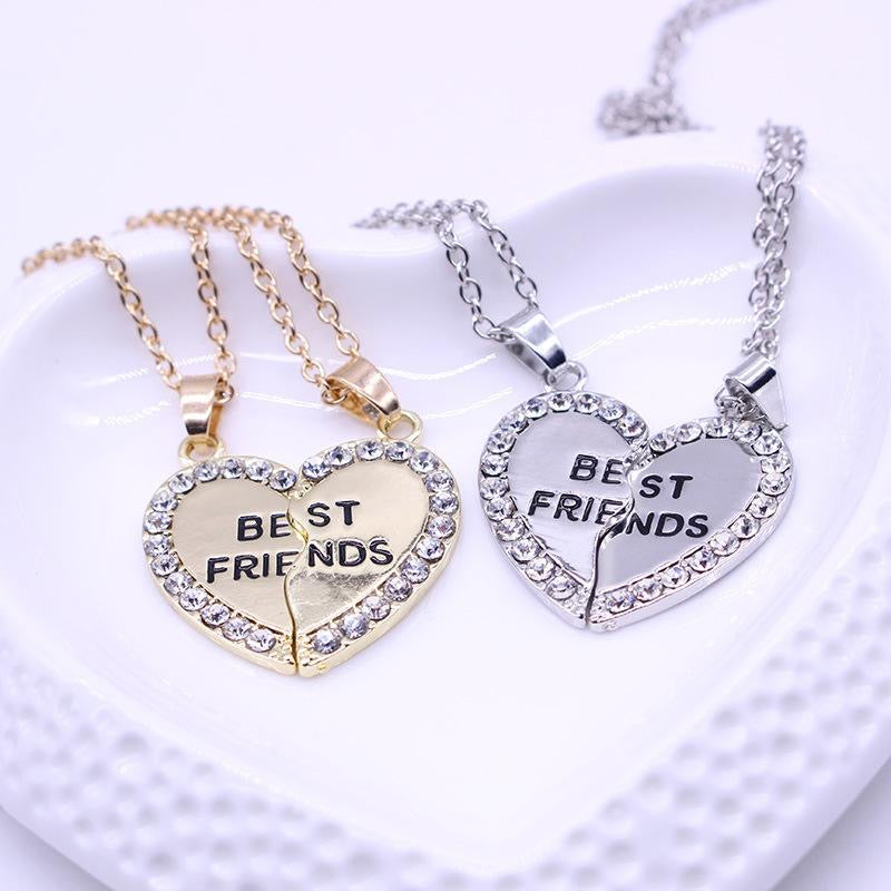 Lot de 2 Colliers D'amitié - Coeur - BFF - Best Friends Forever - Amitié - Pendentif et Chaine Argenté Doré Strass