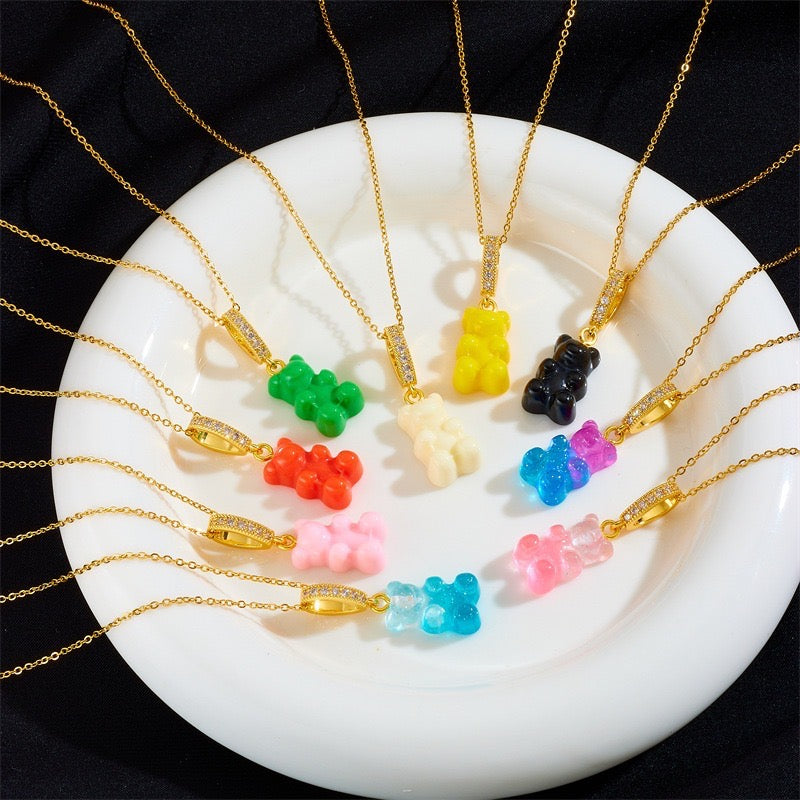 Small Candy Bear Necklace Chain Translucent or Opaque - STAINLESS STEEL Gold Zircon