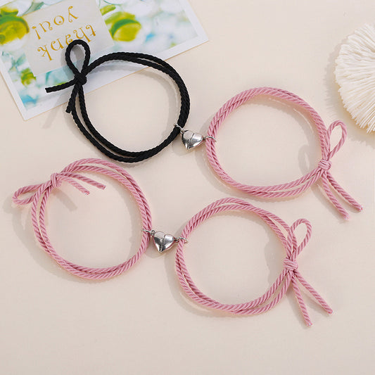 CHILD - Set of 2 Adjustable Cord Bracelets Best Friends - BFF Best Friends - Fantasy - Magnetic Heart Pendant - Lovers - Couple