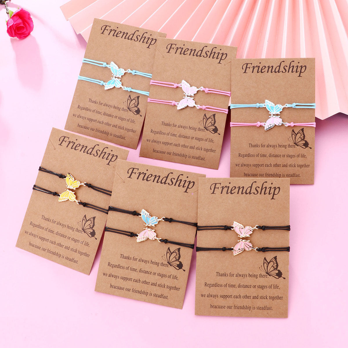 Lot de 2 Bracelets D'amitié Cordon Réglable avec Carte - Papillon - BFF - Best Friends Forever - Amitié - Fantaisie - Mignon