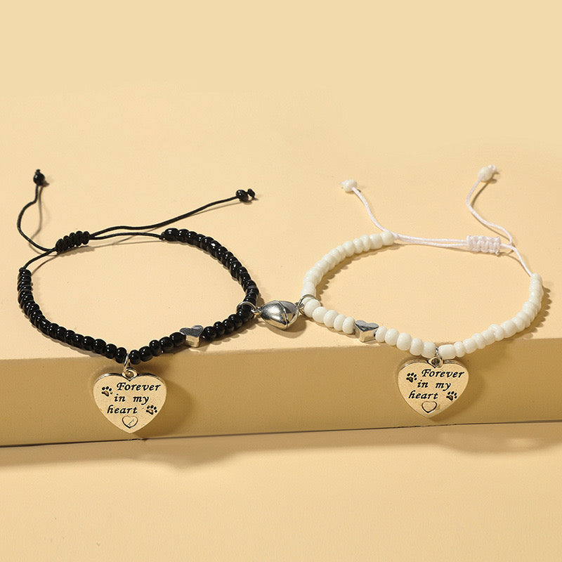 Set of 2 Adjustable Cord Bracelets Friendship Magnetic Heart Forever in My Heart - BFF Best Friends Forever - Fantasy - Beads