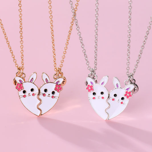 CHILDREN - Set of 2 Cute Rabbit Flower Heart Friendship Necklace Chains - BFF Best Friends Forever - Fantasy - Magnetic Pendant