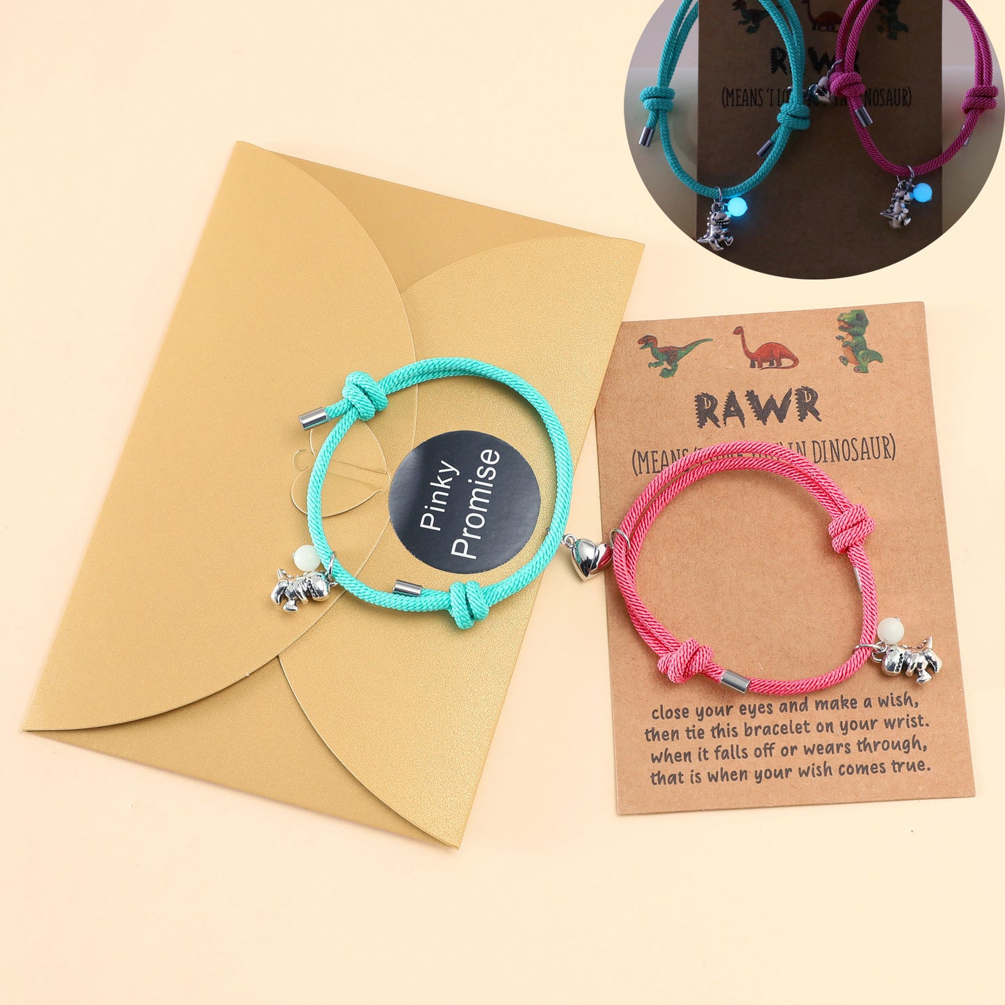 Lot de 2 Bracelets D'amitié Cordon Réglable avec Carte - Dinosaure - Perle Phosphorescent - BFF - Best Friends Forever - Amitié - Pendentif Aimanté Coeur