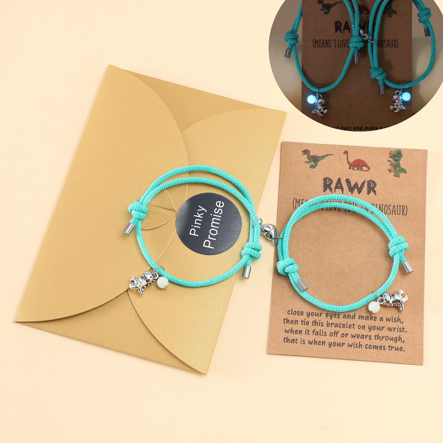 Lot de 2 Bracelets D'amitié Cordon Réglable avec Carte - Dinosaure - Perle Phosphorescent - BFF - Best Friends Forever - Amitié - Pendentif Aimanté Coeur