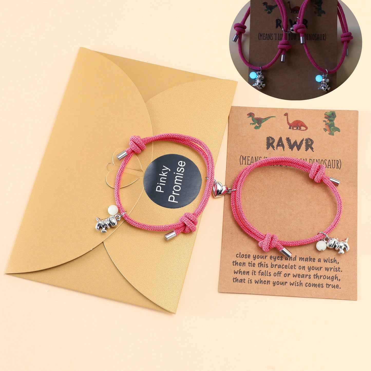 Lot de 2 Bracelets D'amitié Cordon Réglable avec Carte - Dinosaure - Perle Phosphorescent - BFF - Best Friends Forever - Amitié - Pendentif Aimanté Coeur