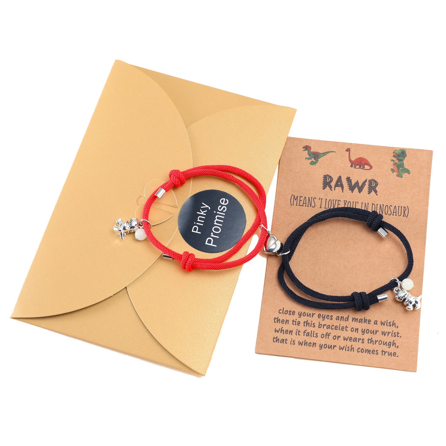 Lot de 2 Bracelets D'amitié Cordon Réglable avec Carte - Dinosaure - Perle Phosphorescent - BFF - Best Friends Forever - Amitié - Pendentif Aimanté Coeur