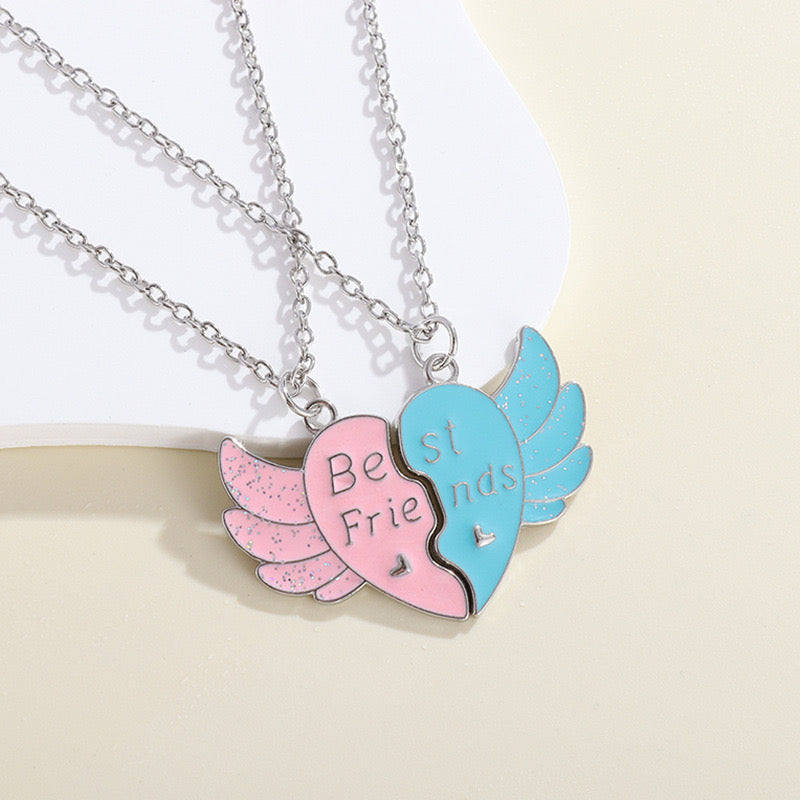 CHILDREN - Set of 2 Heart Friendship Necklace Chains - BFF Best Friends Forever - Fancy Heart Blue Pink Orange Yellow - Magnetic Pendant