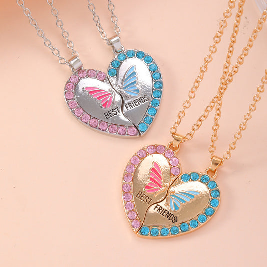Set of 2 Chains Friendship Necklaces Heart Butterflies - BFF Best Friends Forever - Fantasy - Pendant and Chain Silver or Gold
