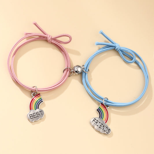 Lot de 2 Bracelets D'amitié Cordon Elastique - Arc en Ciel - Best Friends - BFF - Best Friends Forever - Amitié - Pendentif Rond Aimanté