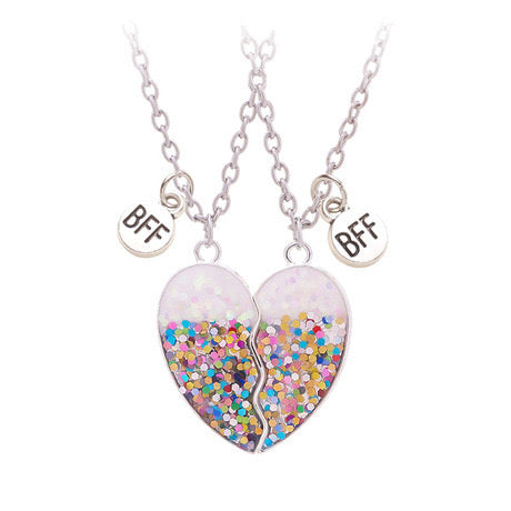 CHILDREN - Set of 2 Glitter Heart Friendship Necklace Chains - BFF Best Friends Forever - Fancy - Magnetic Pendant with Gold Chain
