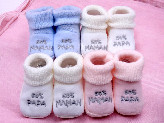 Chaussons Bébé - Taille 0-6 Mois - 50% Maman 50% Papa - Brodés Naissance Layette - Annonce Grossesse