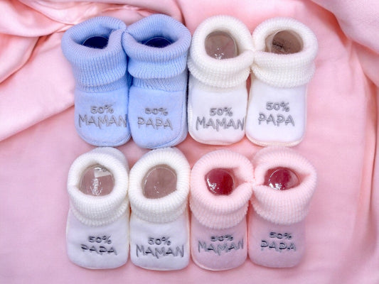 Chaussons Bébé - Taille 0-6 Mois - 50% Maman 50% Papa - Brodés Naissance Layette - Annonce Grossesse