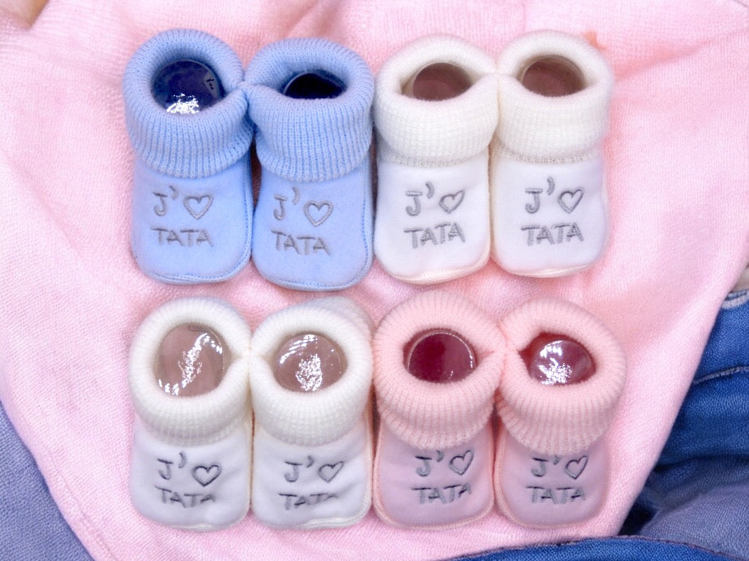 Baby Booties - Tata Embroidered Birth Layette / Pregnancy Birth Announcement