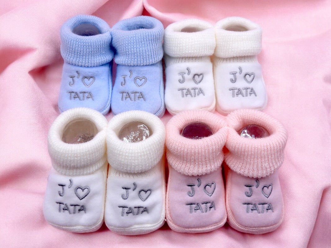 Baby Booties - Tata Embroidered Birth Layette / Pregnancy Birth Announcement